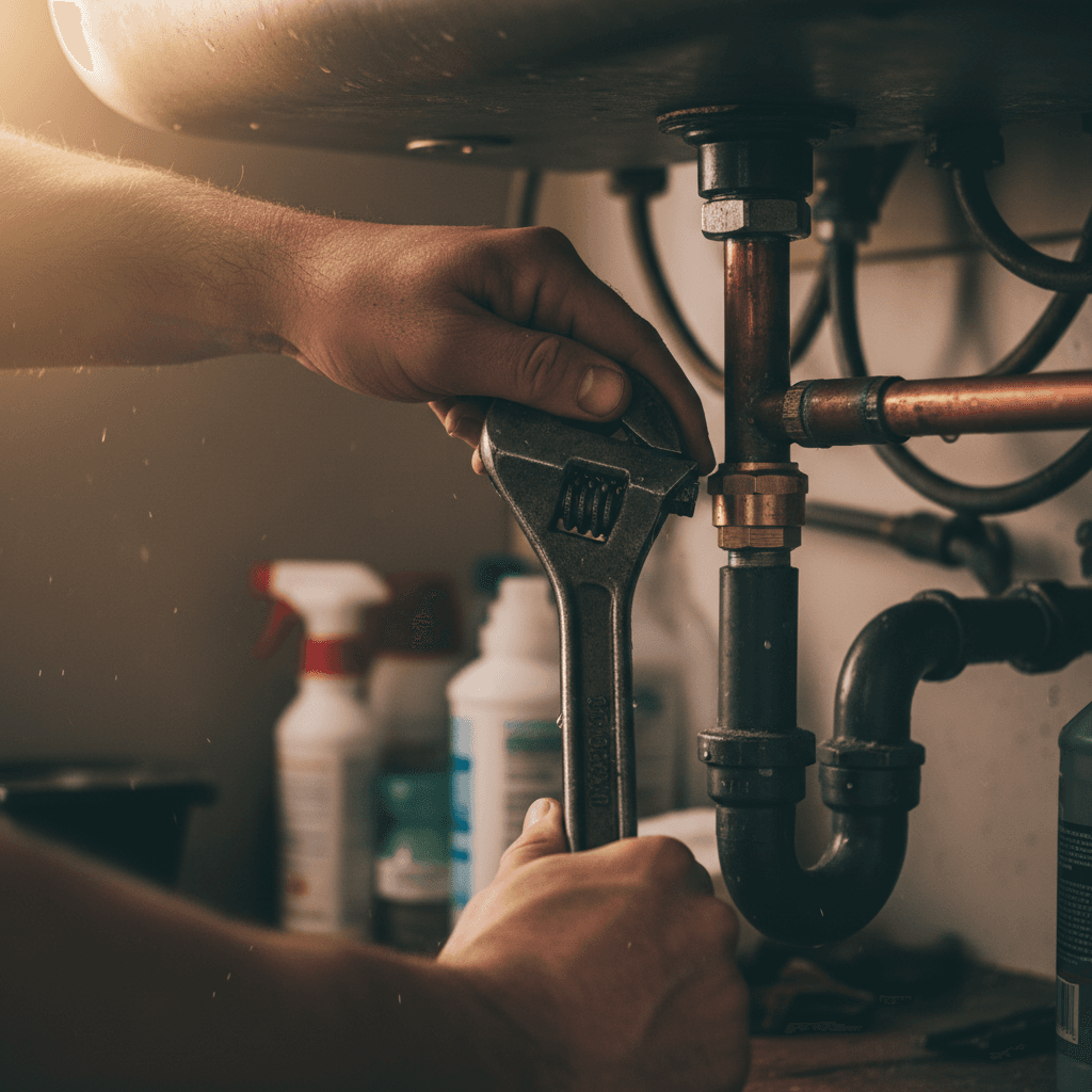 Técnico de plomería realizando reparación con destreza