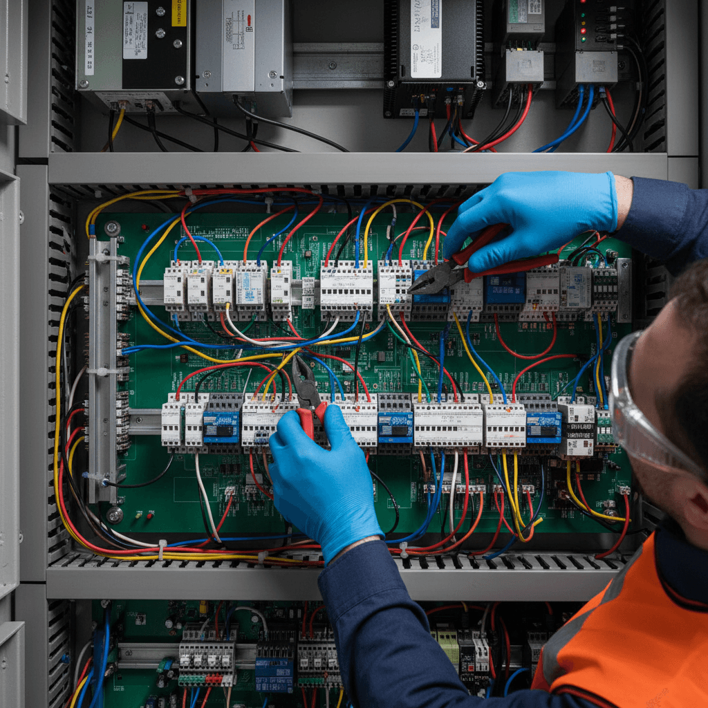Electricista trabajando en panel eléctrico