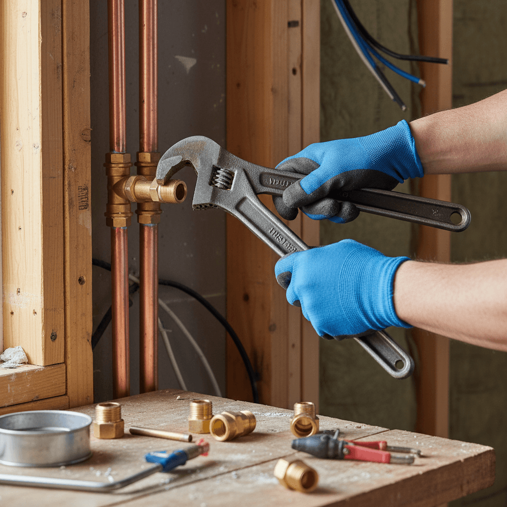 Técnico de plomería reparando tuberías con precisión y experiencia