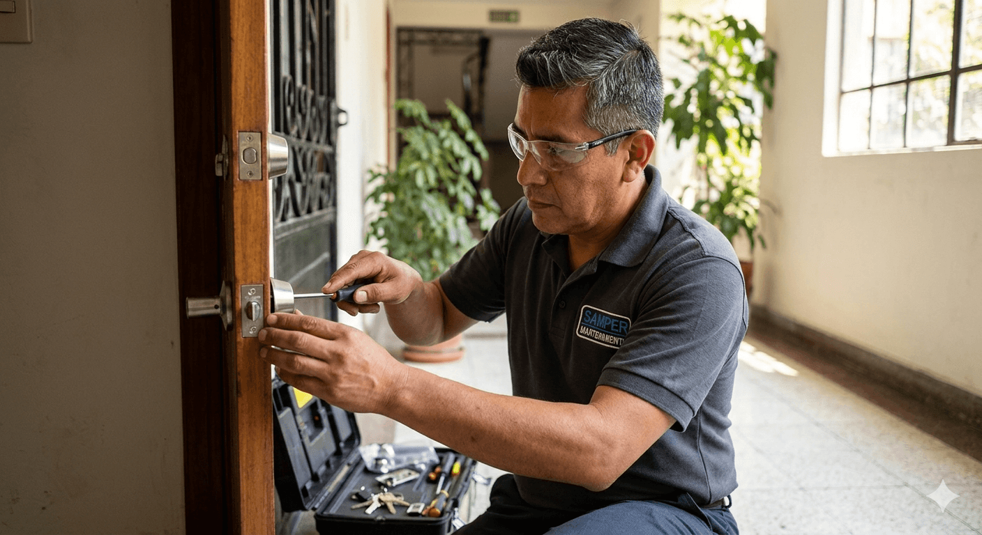 Cerrajero con gafas de seguridad repara cerradura de puerta de madera con un destornillador.