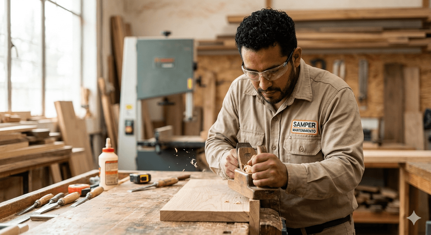 Carpintero con gafas de seguridad usando un cepillo manual sobre madera en un taller.