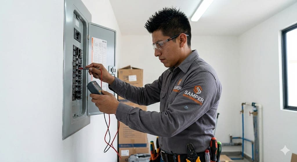 Técnico de mantenimiento inspeccionando un panel eléctrico con un multímetro en una pared blanca.